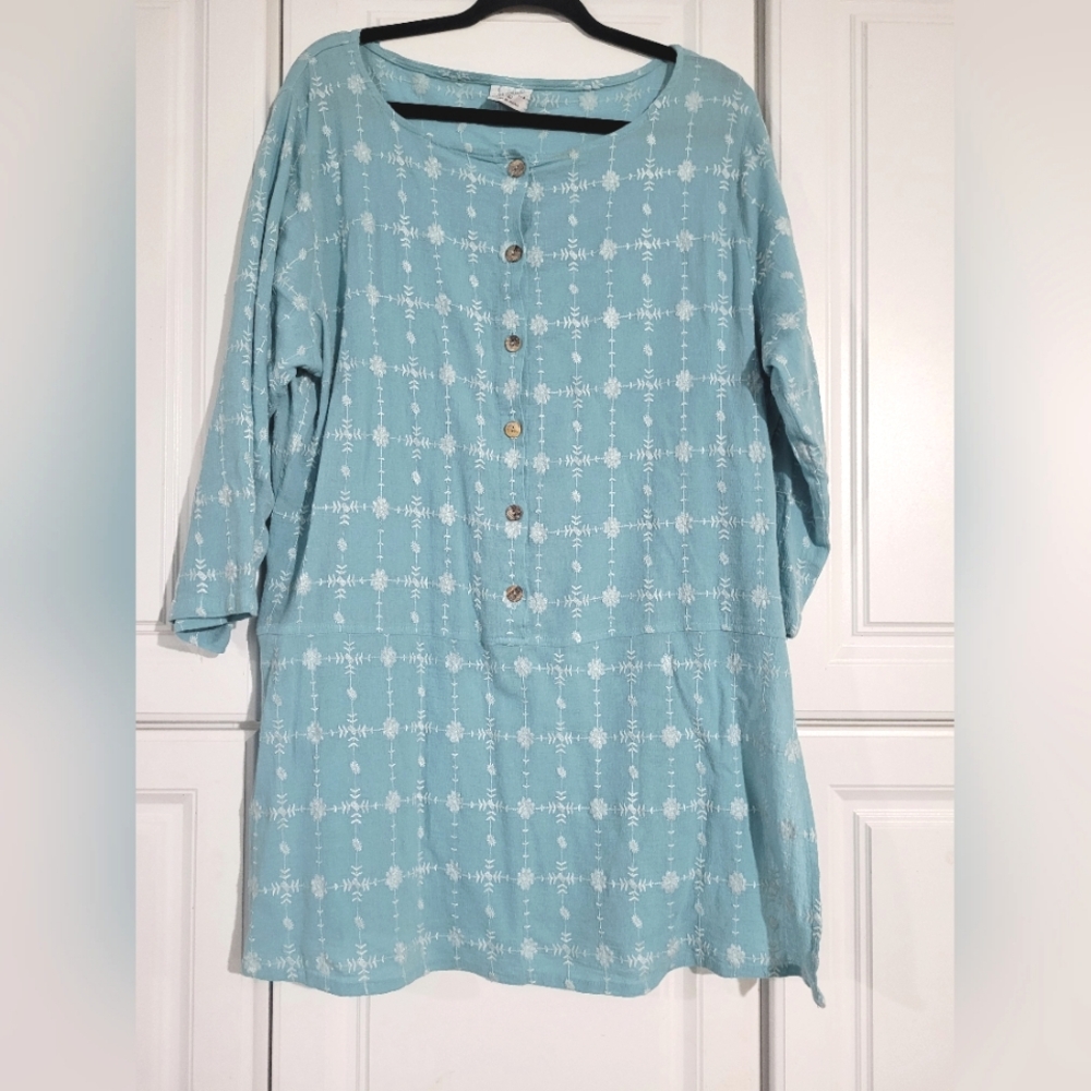 Color Me Cotton Womens 100% Cotton Tunic Top, Size Large L, Teal, Turquoise Blue